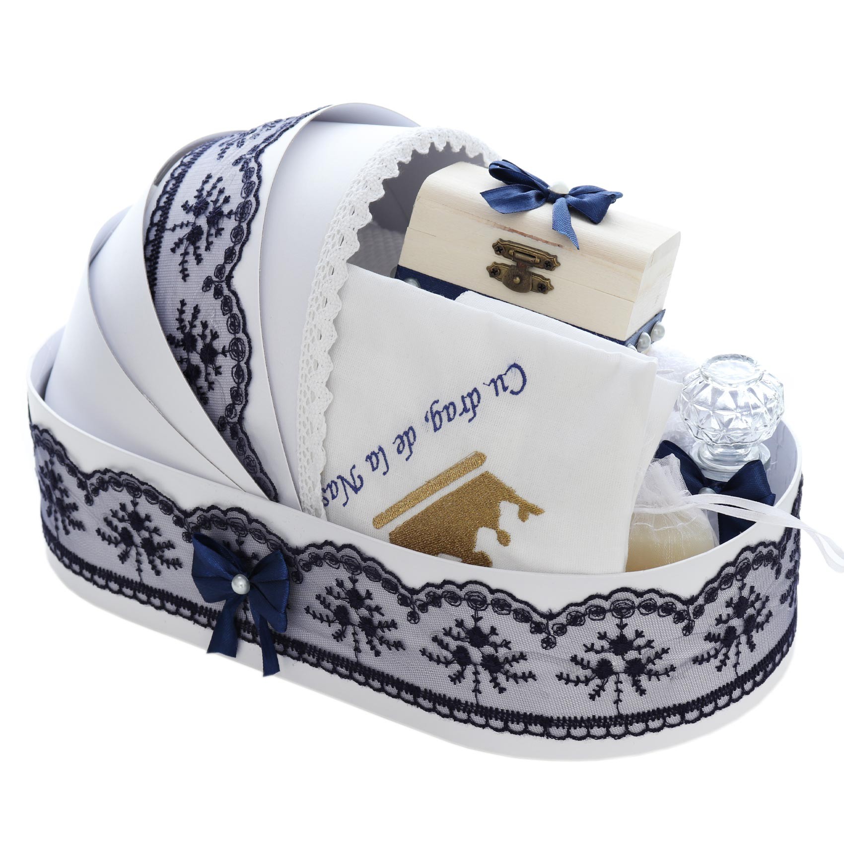 Trusou complet pentru botez de baieti, trusou brodat cu coroana, lumanare cu bebe print, costum print si pantofiori, bleumarin, 15 piese, Recostore®, REC2665 - imagine 14