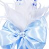 Lumanare „Cu mult drag de la Nasi” pentru botez din panglica bleu, accesorizata cu aplicatii din pene, 30x5 cm, REC195