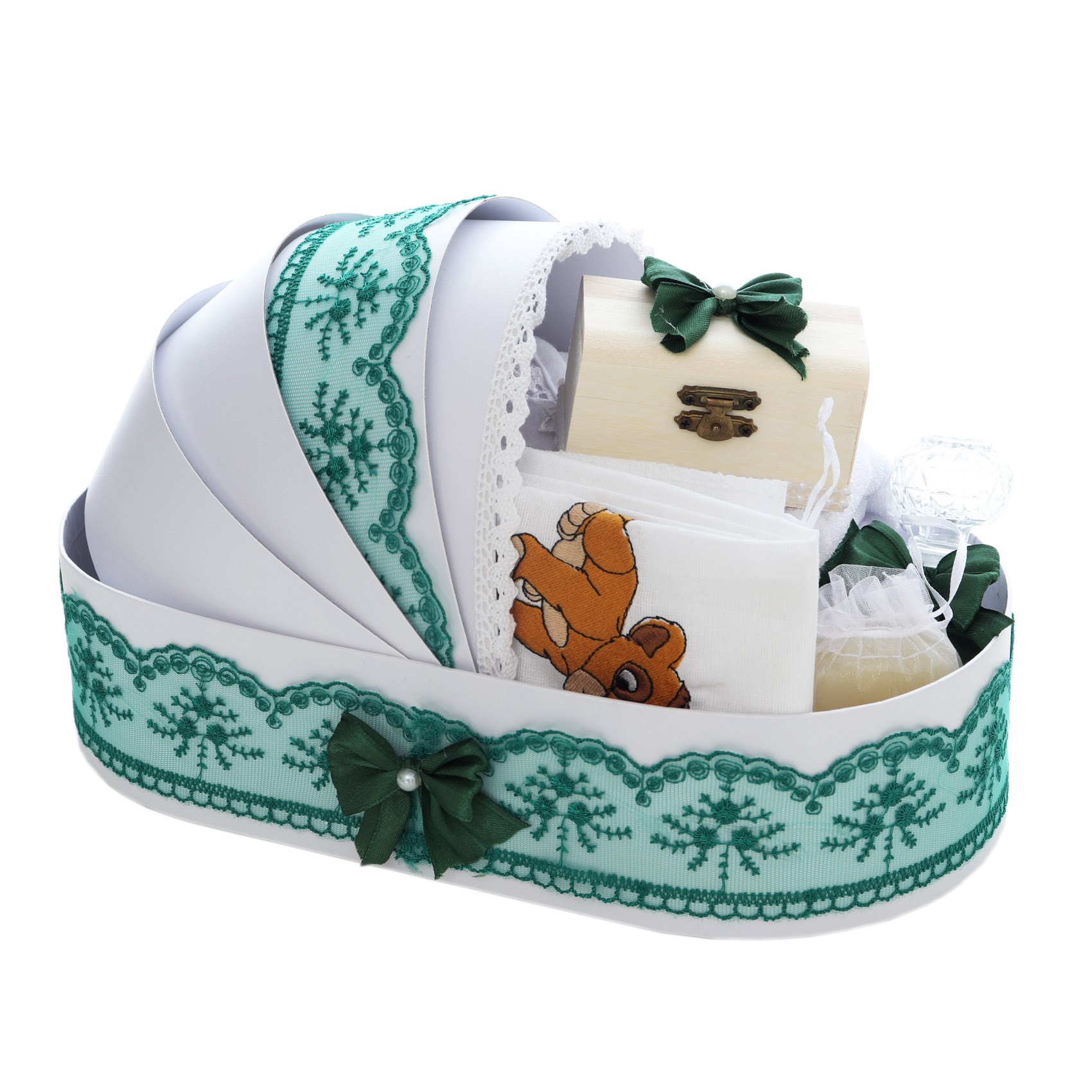 Trusou complet pentru botez de baieti personalizat cu Simba, Trusou brodat, lumanare, costum si pantofiori, verde, 15 piese, Recostore®, REC2668 - imagine 9