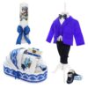 Trusou complet pentru botez de baieti personalizat cu Ursuletul aviator, trusou brodat, lumanare, costum si pantofiori, albastru electric, 15 piese, Recostore®, REC2673