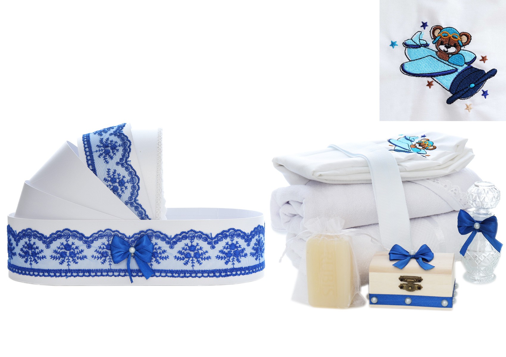 Trusou complet pentru botez de baieti personalizat cu Ursuletul aviator, trusou brodat, lumanare, costum si pantofiori, albastru electric, 15 piese, Recostore®, REC2673 - imagine 7