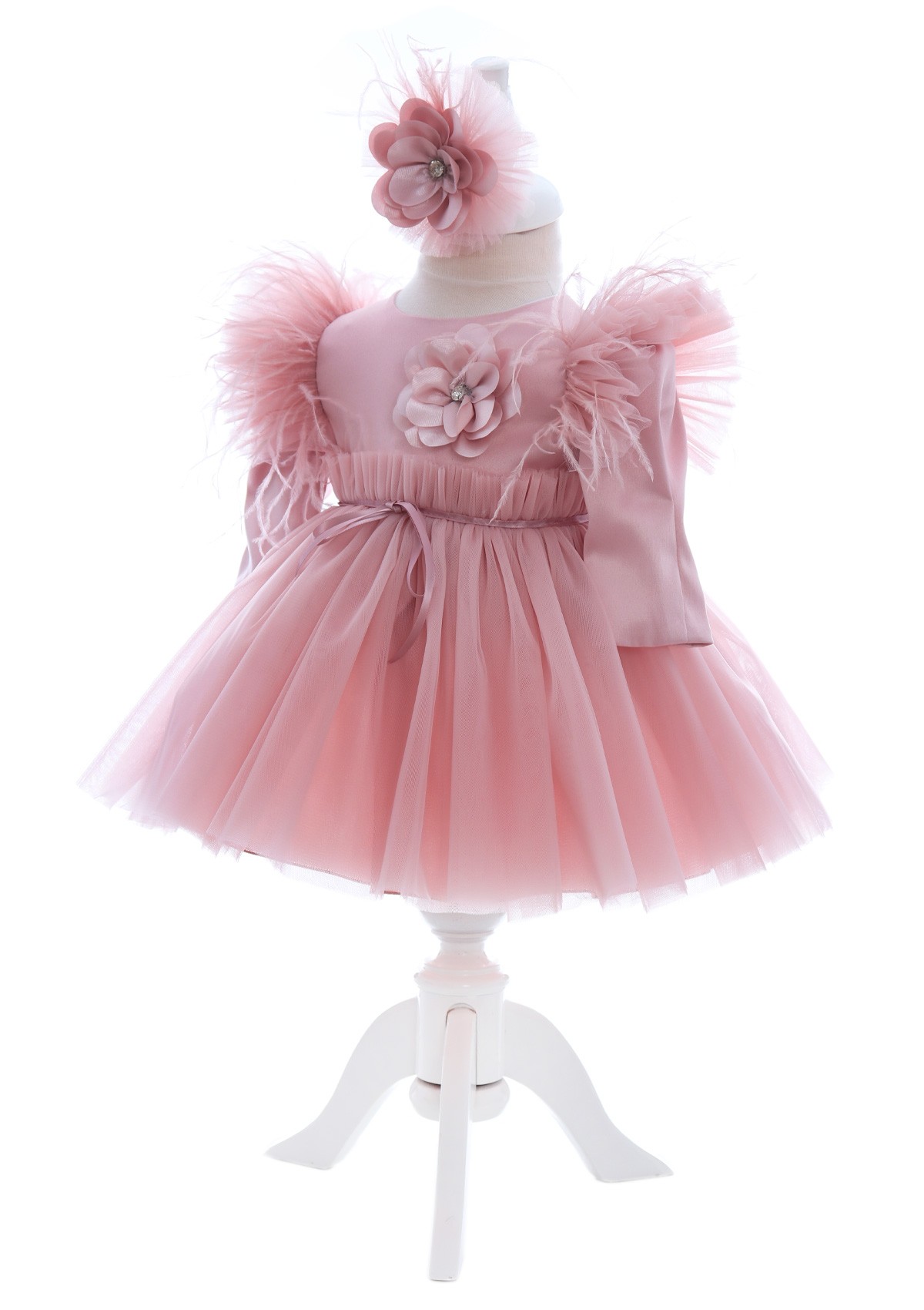 Trusou complet pentru botez de fete personalizat cu Lebada, trusou brodat, lumanare, rochita si pantofiori, roz pudrat, 12 piese, Recostore®, REC2678 - imagine 3