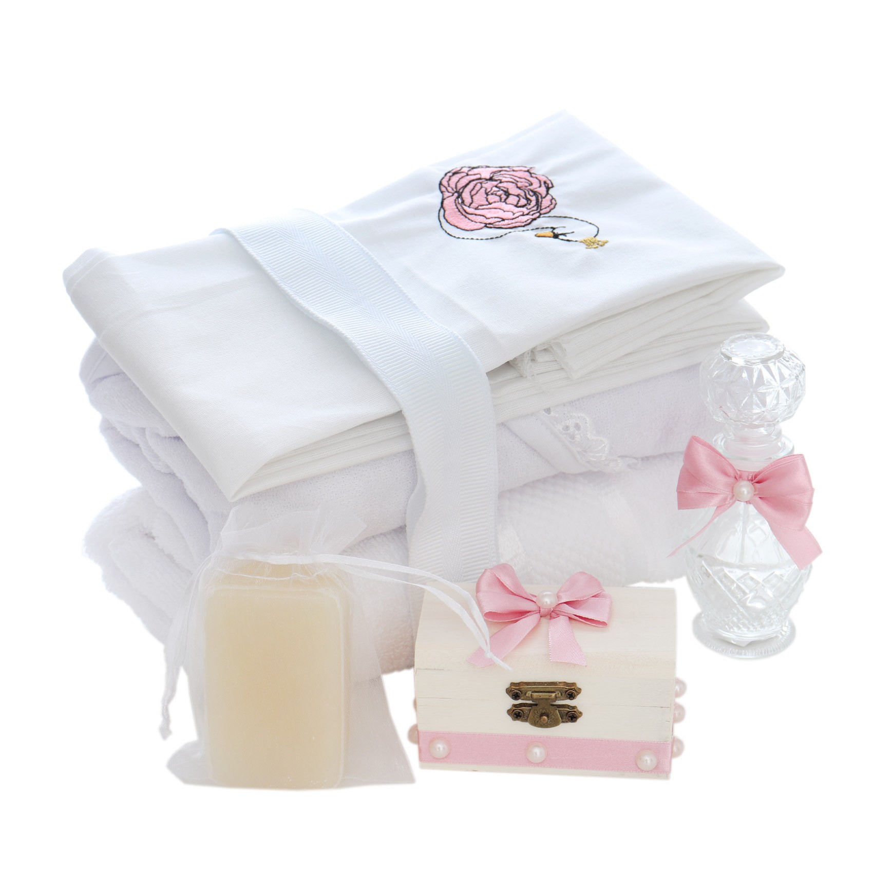 Trusou complet pentru botez de fete personalizat cu Lebada, trusou brodat, lumanare, rochita si pantofiori, roz pudrat, 12 piese, Recostore®, REC2678 - imagine 11