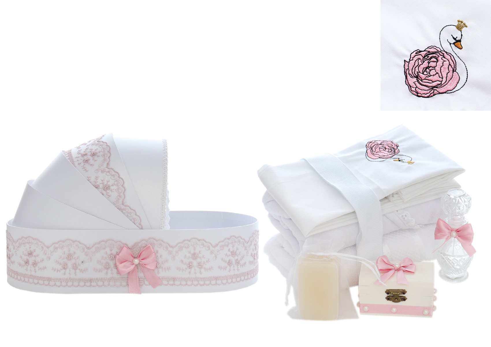 Trusou complet pentru botez de fete personalizat cu Lebada, trusou brodat, lumanare, rochita si pantofiori, roz pudrat, 12 piese, Recostore®, REC2678 - imagine 12