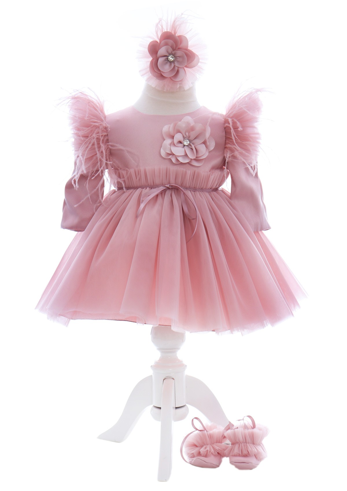 Trusou complet pentru botez de fete, trusou, lumanare, rochita cu bentita si pantofiori, roz pudrat, 12 piese, Recostore®, REC2683 - imagine 2