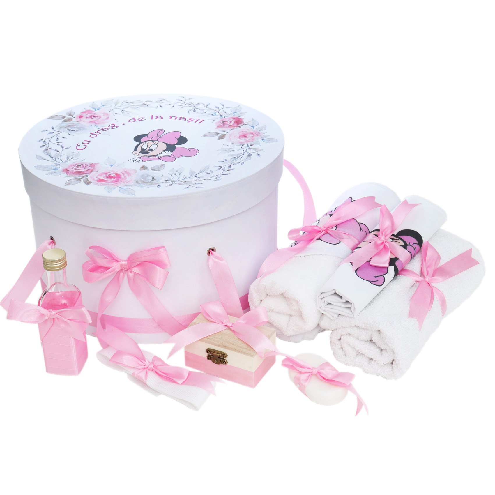 Trusou complet pentru botez de fete personalizat cu Minnie, trusou, lumanare, rochita si pantofiori, roz, 12 piese, Recostore®, REC2690 - imagine 8