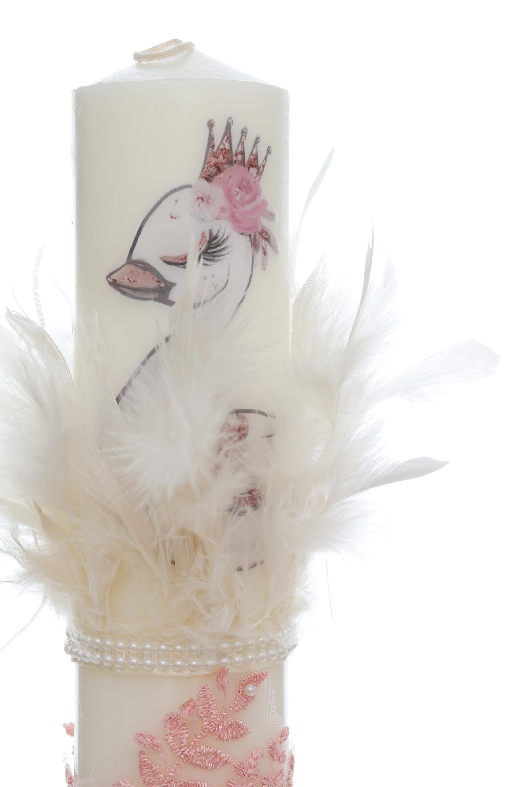 Trusou complet pentru botez de fete personalizat cu lebada, trusou, lumanare, rochita cu bentita si pantofiori, roz, 12 piese, Recostore®, REC2698 - imagine 7