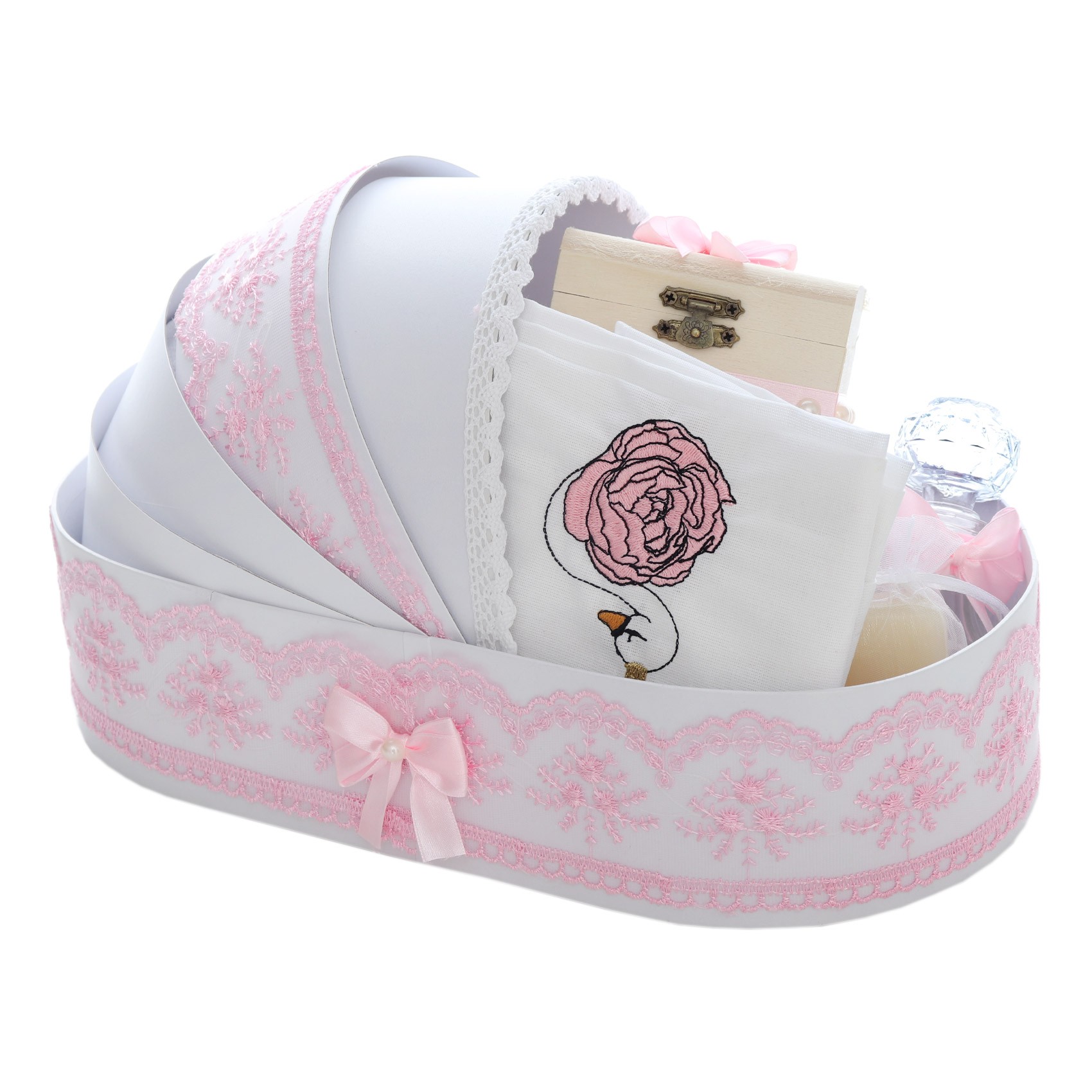 Trusou complet pentru botez de fete personalizat cu lebada, trusou, lumanare, rochita cu bentita si pantofiori, roz, 12 piese, Recostore®, REC2698 - imagine 13