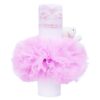 Lumanare roz cu ursuleti pentru botez, tulle roz si broderie, 20x7 cm, REC163