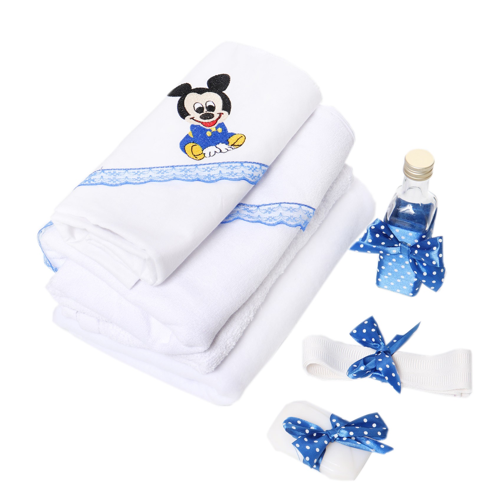Trusou complet pentru botez de baieti personalizat cu Mickey Mouse, lumanare cu Mickey Mouse, costum si pantofiori, albastru electric, 15 piese, Recostore®, REC2701 - imagine 8