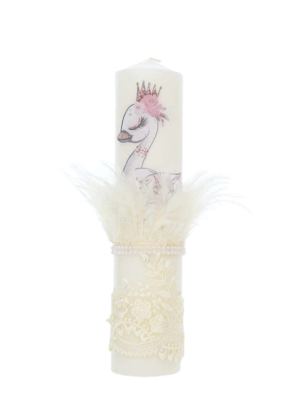Trusou complet pentru botez de fete personalizat cu lebada, trusou brodat, lumanare, rochita cu bentita si pantofiori, ivoire, 12 piese, Recostore®, REC2702 - imagine 7