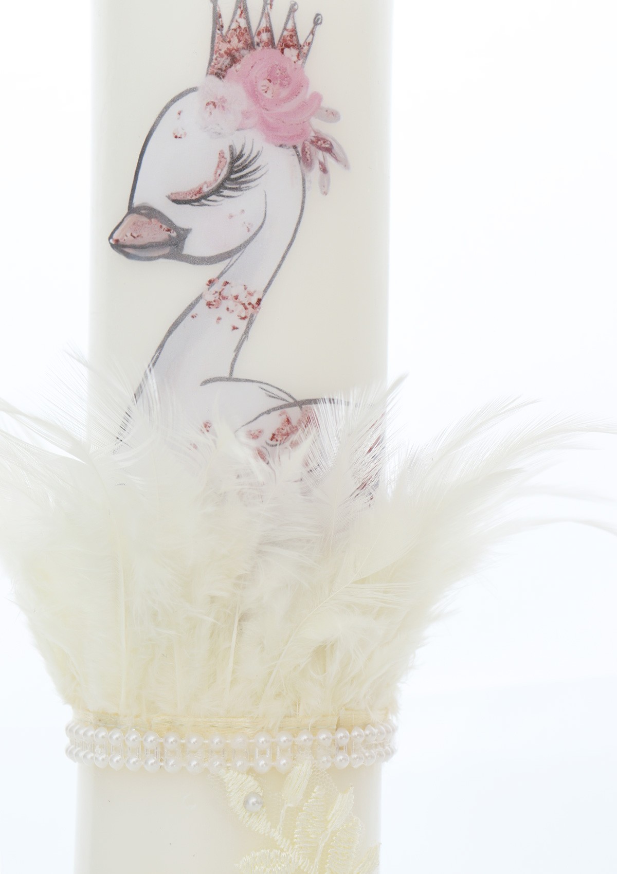 Trusou complet pentru botez de fete personalizat cu lebada, trusou brodat, lumanare, rochita cu bentita si pantofiori, ivoire, 12 piese, Recostore®, REC2702 - imagine 8