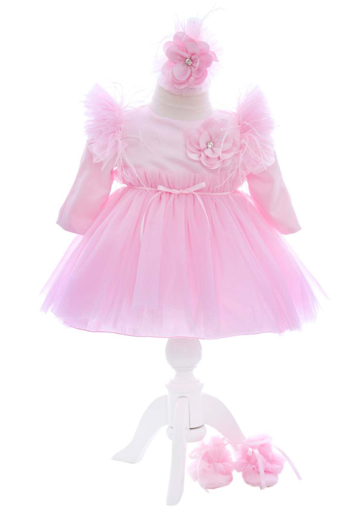 Trusou complet pentru botez de fete personalizat cu ingeras, trusou, lumanare, rochita cu bentita si pantofiori, roz, 10 piese, Recostore®, REC2703 - imagine 2
