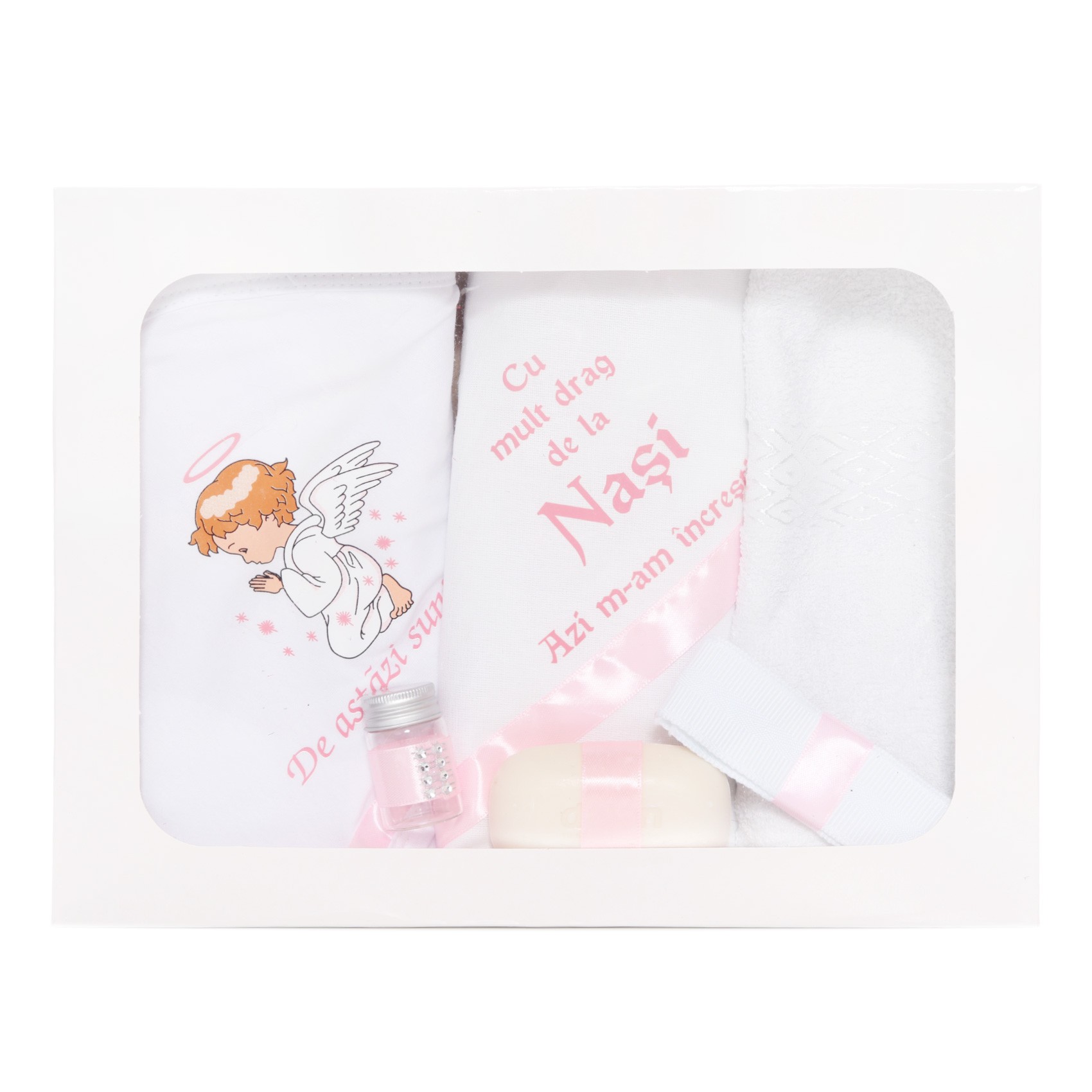 Trusou complet pentru botez de fete personalizat cu ingeras, trusou, lumanare, rochita cu bentita si pantofiori, roz, 10 piese, Recostore®, REC2703 - imagine 10