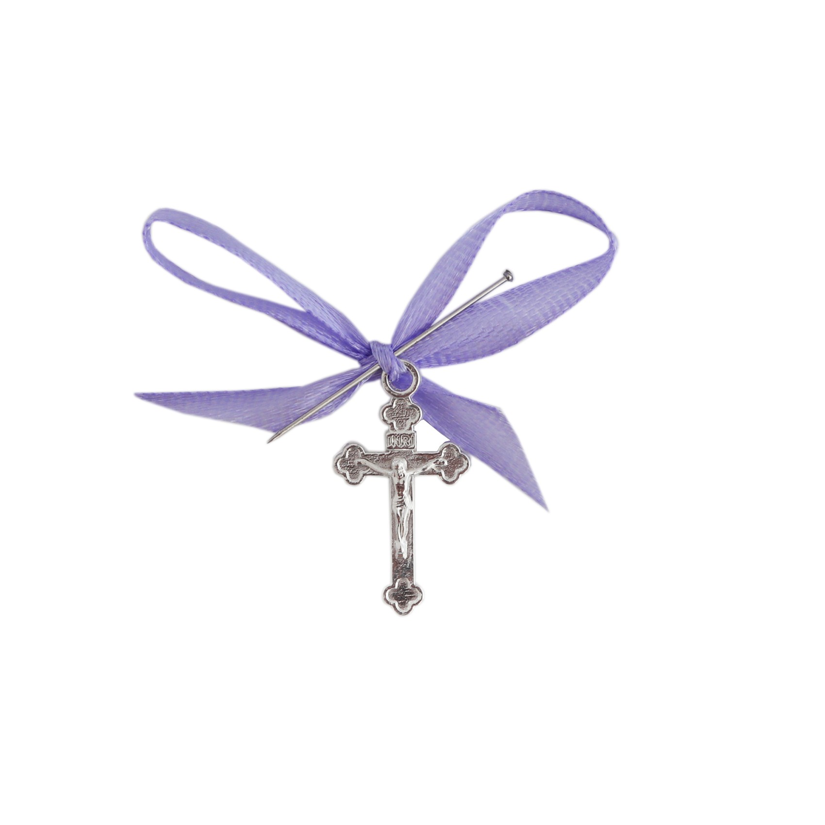 Set 20 marturii, cruciulite biserica din metal cu bolduri si cutiuta, funda lila, REC1968/53 - imagine 2