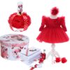 Trusou complet pentru botez de fete personalizat cu Minnie Mouse, trusou brodat, lumanare, rochita cu bentita si pantofiori, rosu, 12 piese,  Recostore®, REC2735