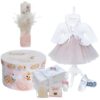 Trusou complet pentru botez de fete personalizat cu Lebada, trusou brodat, lumanare, rochita cu bolero, turban si pantaloni si pantofiori, roz pudrat, 14 piese,  Recostore®, REC2736