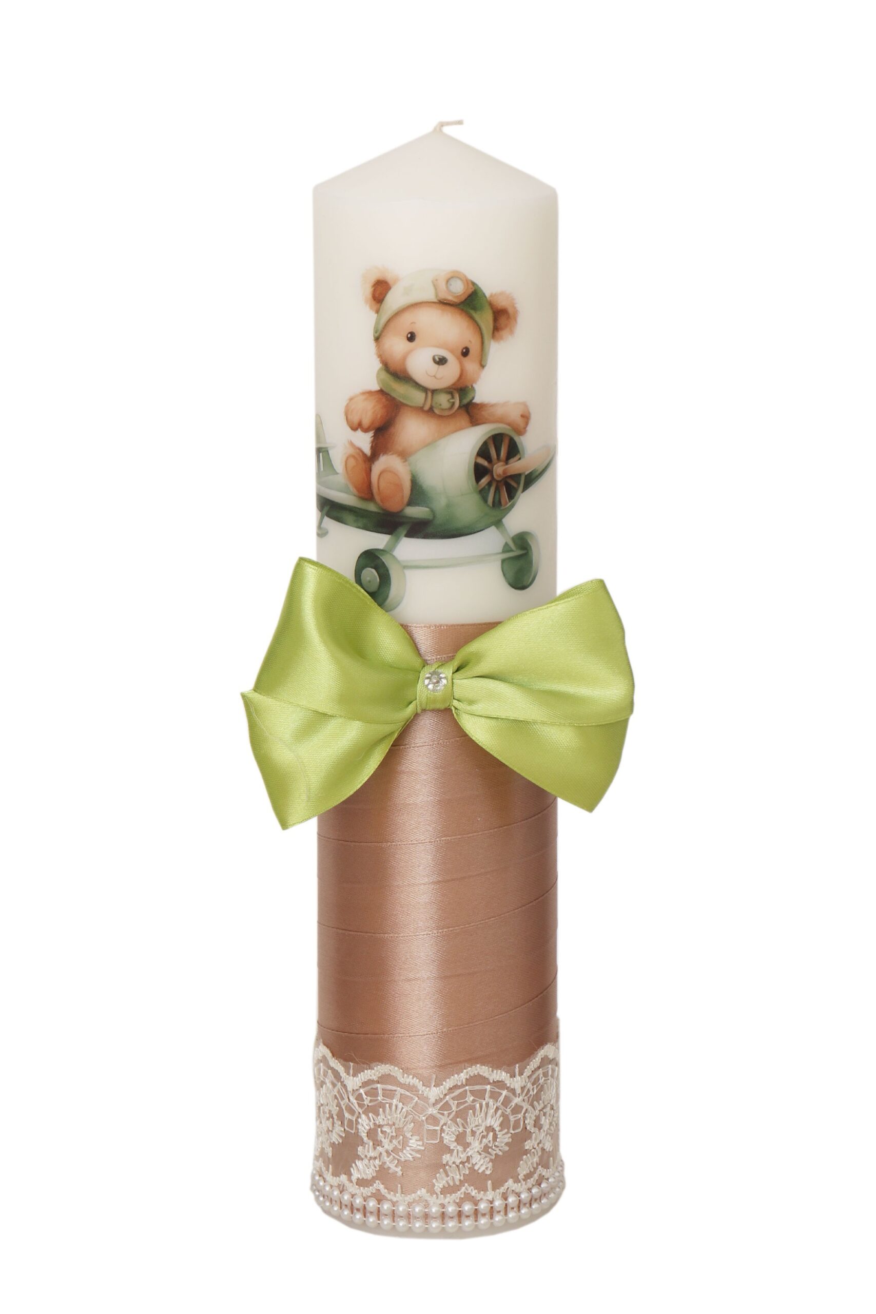 Trusou complet pentru botez de baieti personalizat cu ursulet, lumanare cu Ursulet, costum si pantofiori, Verde olive, 14 piese, Recostore®, REC2755 - imagine 6