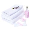 Trusou alb-roz cu Minnie Mouse brodata, 7 piese, sticla mir, sapun, panza mir, fasa, prosop cu capison, prosop preot, paturica bebe, REC232 - imagine 3
