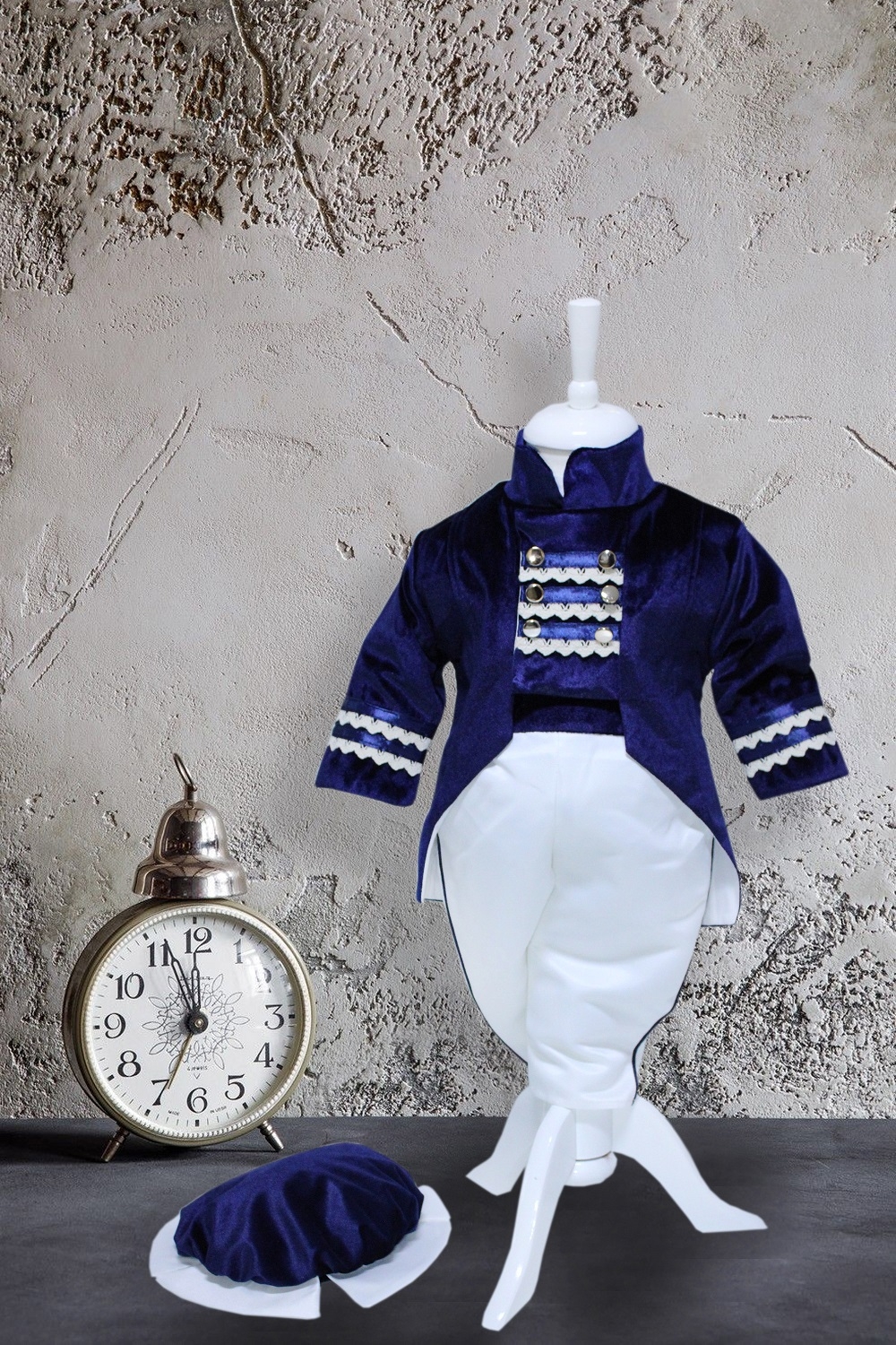 Costum Micul Print, bleumarin-alb, pentru botez, 4 piese, camasa, sacou, pantaloni, palarie, pentru baieti, REC1152