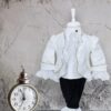 Costum de print, brocart, alb-bleumarin, pentru botez, 5 piese, camasa, sacou, pantaloni, palarie, botosi, pentru baieti REC1126
