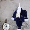 Costum bleumarin din catifea, Micul Print, pentru botez, 5 piese, camasa, sacou, pantaloni, palarie, botosi, pentru baieti, REC844 - imagine 7