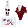 Set complet pentru botez, Micul Print, lumanare cu papion visiniu si bebe print aplicat pe lumanare, costum din catifea visiniu, trusou brodat cu coroana de print si mesajul "Cu drag de la nasi", 14 piese, REC905