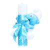Set complet pentru botez, lumanare turcoaz accesorizata cu jucarie bebe strumf de plus, costum turcoaz din bumbac, trusou brodat cu strumfi si pantofiori, 14 piese, REC911 - imagine 7
