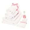 Trusou alb-corai„Cu drag de la nasi” pentru botez, 8 piese, sticla mir, sapun, panza mir, pled baita, fasa, prosop cu capison, prosop preot, cutie prima suvita, REC1234 - imagine 3