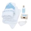 Trusou alb-bleu pentru botez, compus din prosop bebe, prosop preot, panza mir, sapun, fasa, sticluta mir, cutiuta prima suvita