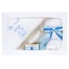 Trusou alb-bleu pentru botez, compus din prosop bebe, prosop preot, panza mir, sapun, fasa, sticluta mir, cutiuta prima suvita, 7 piese, REC1402