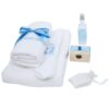 Trusou alb-bleu pentru botez, compus din prosop bebe, prosop preot, panza mir, sapun, fasa, sticluta mir, cutiuta prima suvita