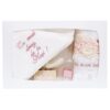 Trusou alb-roz pudrat pentru botez, compus din prosop bebe, prosop preot, panza mir, sapun, fasa, sticluta mir, cutiuta prima suvita, 7 piese, REC1434