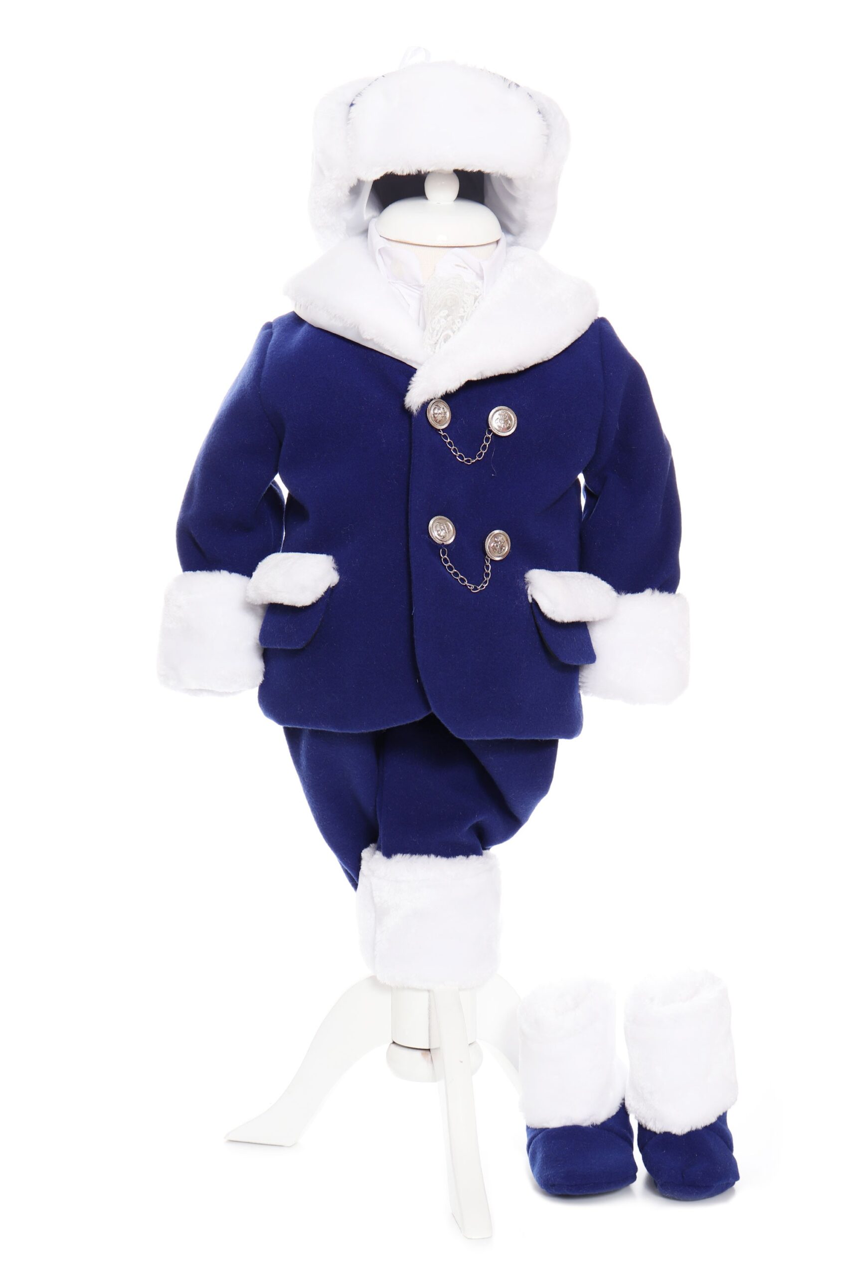 Costum alb-albastru, gros, pentru botez, 5 piese, camasa, haina groasa, pantaloni, caciula, botosi, pentru baieti REC1727 - imagine 7