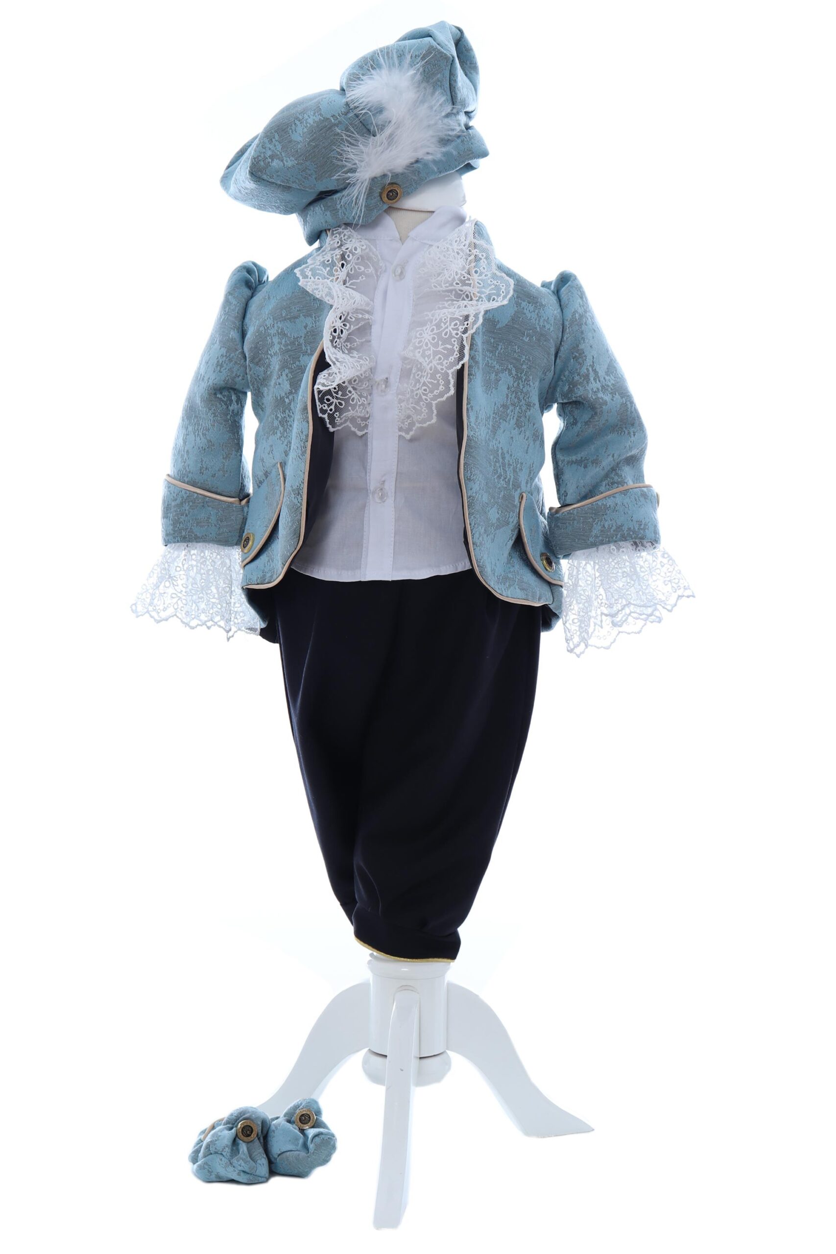 Costum elegant Micul print din Brocart de culoare bleu deschis, 5 piese, sacou, pantaloni, camasa, bascuta si botosei, Recostore®, REC2424 - imagine 7