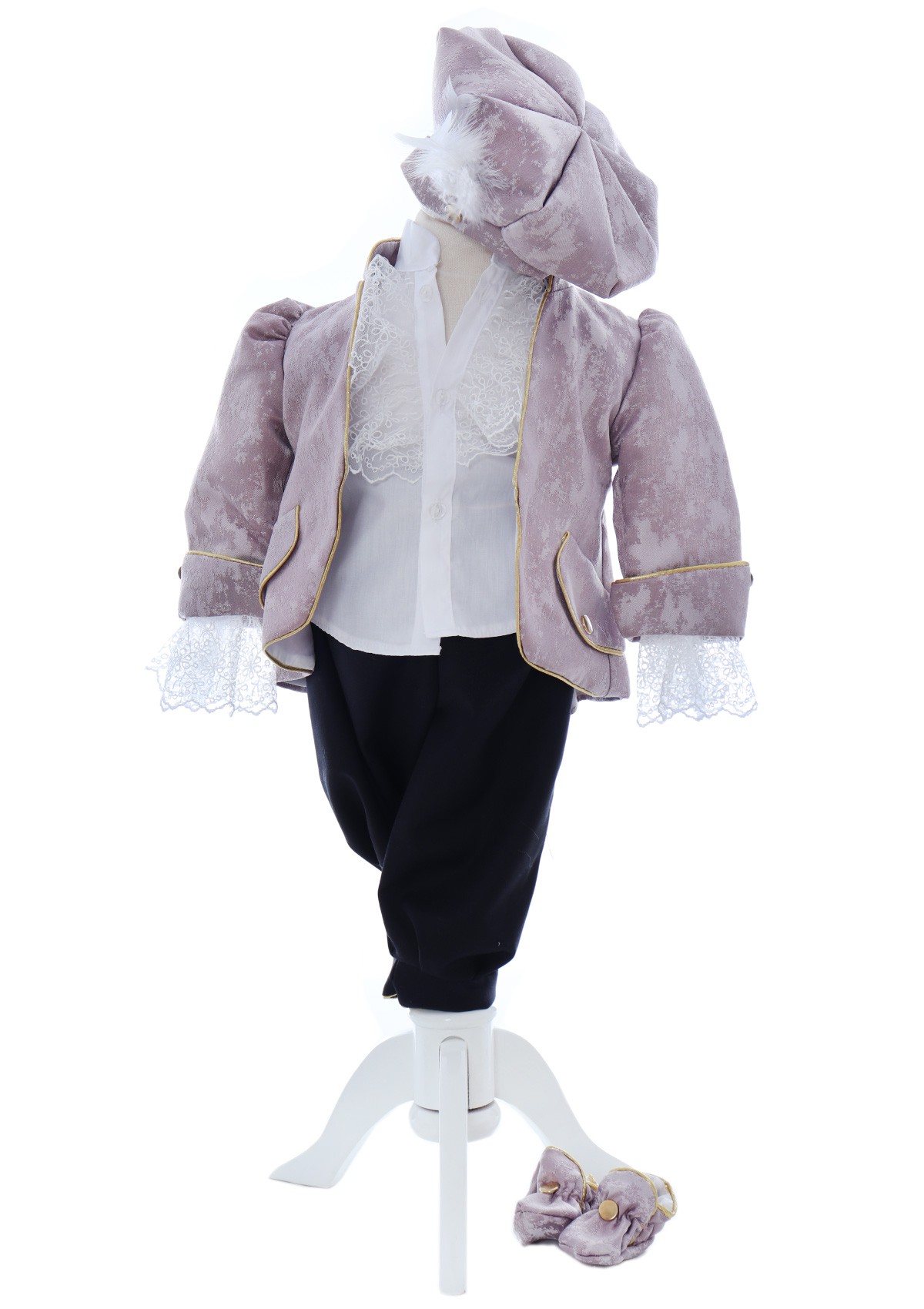 Costum elegant Micul print din Brocart de culoare roz pudrat, 5 piese, sacou, pantaloni, camasa, bascuta si botosei, Recostore®, REC2429 - imagine 6