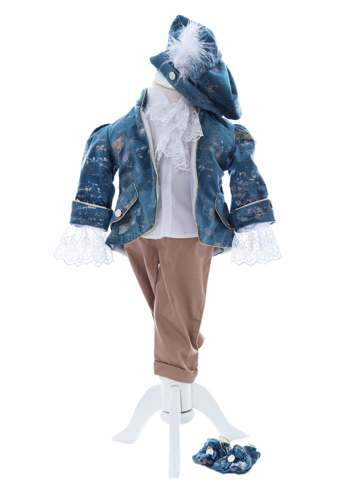 Costum elegant Micul Printisor din catifea de culoare turcoaz, 5 piese, sacou, pantaloni, camasa, bascuta si botosei, Recostore®, REC2430 - imagine 6