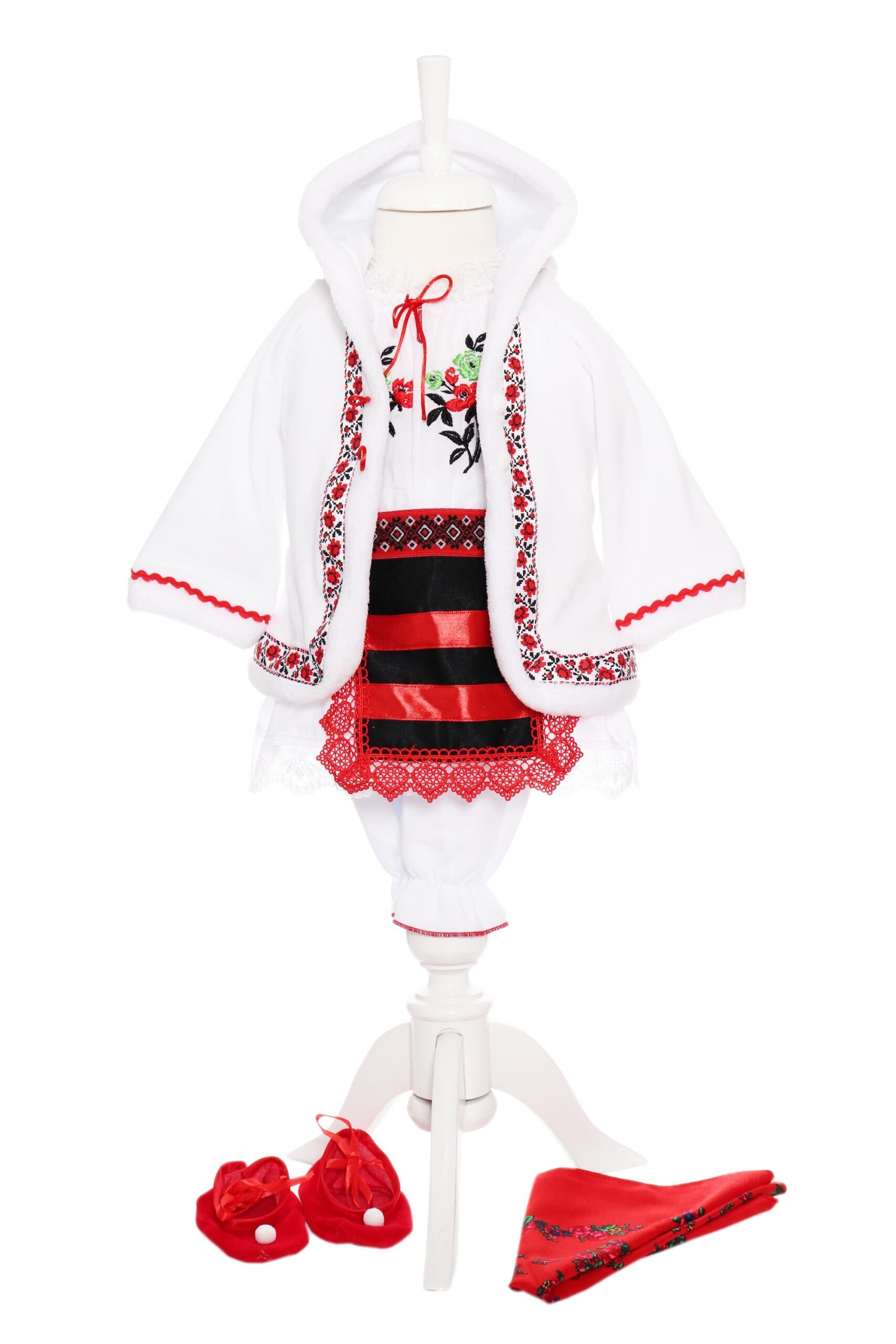 Costum popular alb-rosu, 6 piese, haina groasa cu gluga, rochie, pantaloni, fota, batic, botosei pentru fete, REC1847 - imagine 7