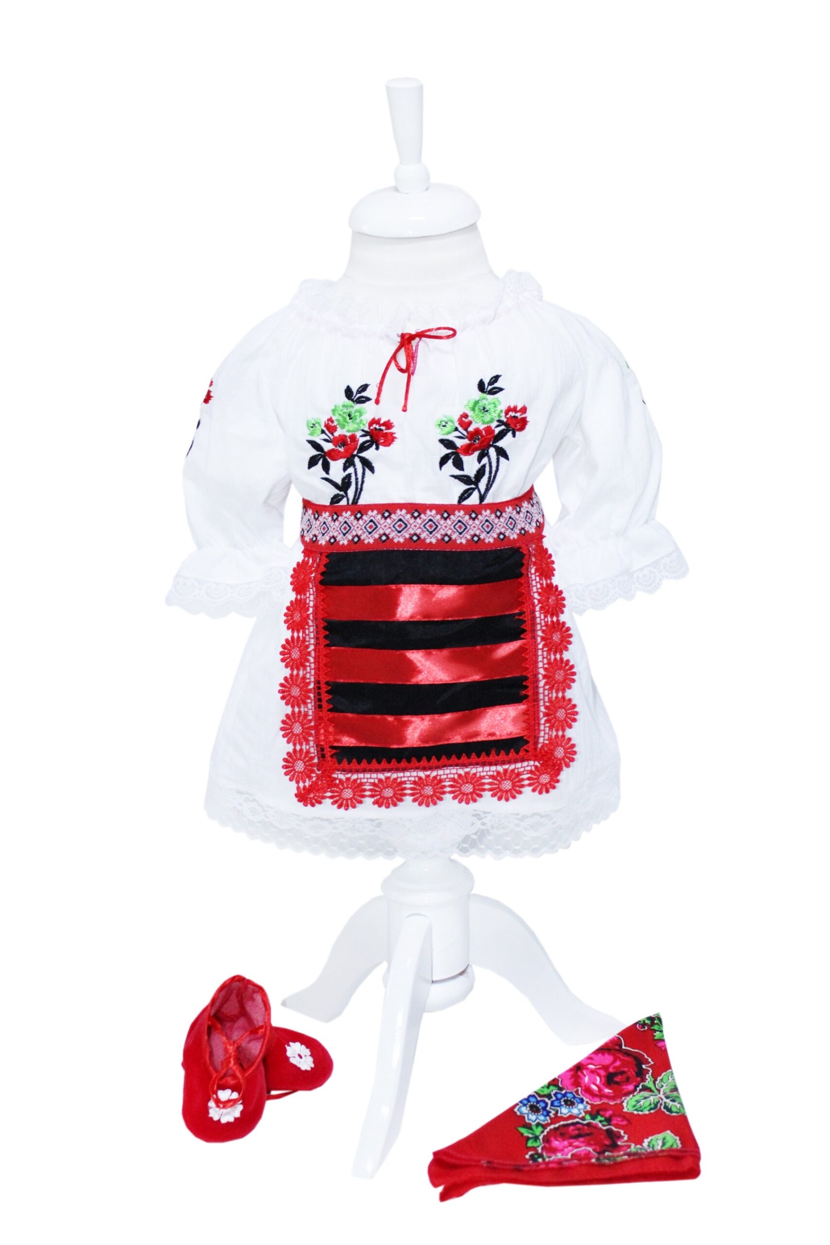 Costum popular alb-rosu pentru botez, 5 piese, bluza, fusta, fota, botosi, batic pentru fetite, REC1182 - imagine 8