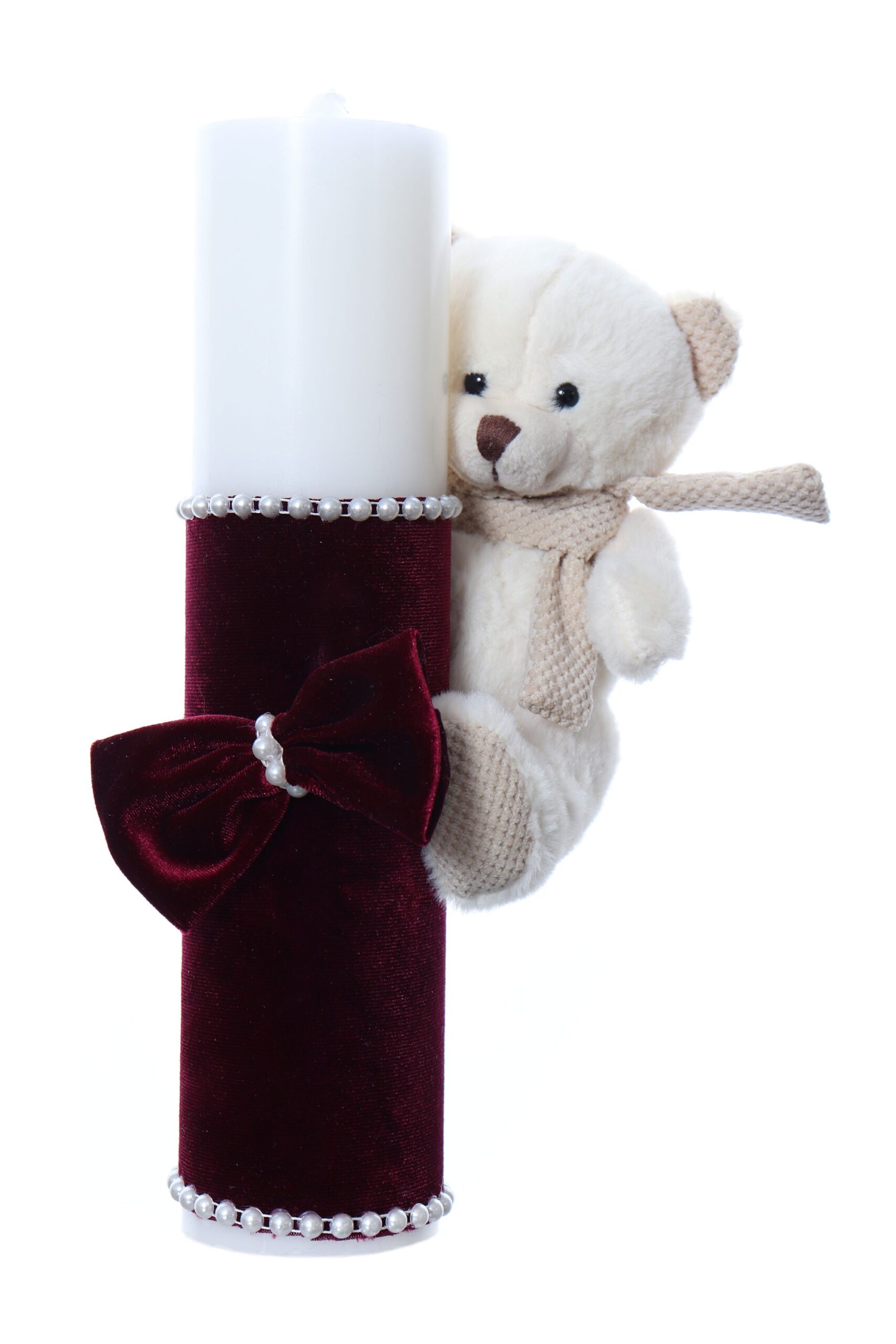 Lumanare botez accesorizata cu catifea visiniu si ursulet de plus, 28 cm, Recostore®, REC2165 - imagine 4