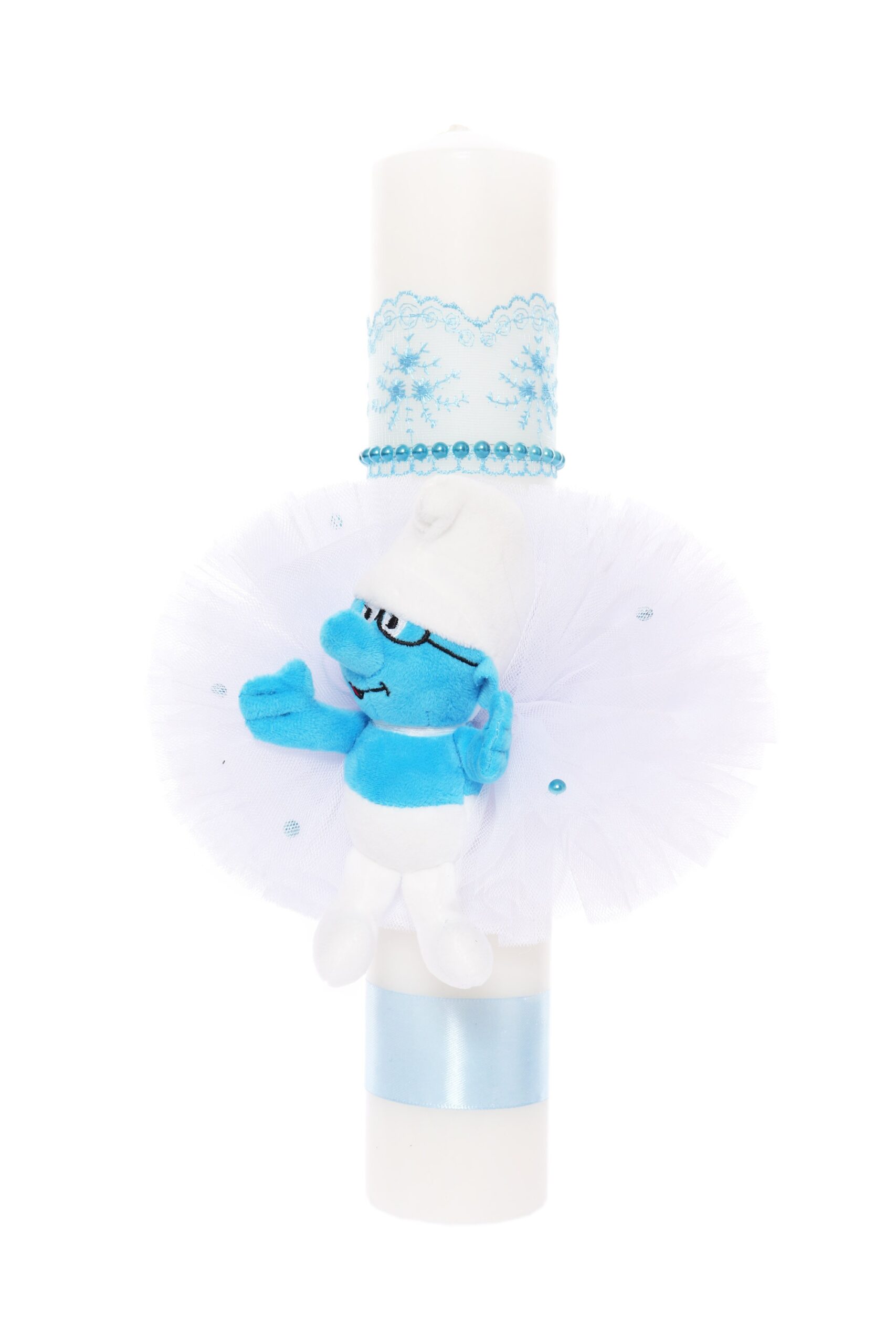 Lumanare botez cu Strumf, tulle alb tip glob, 40x7 cm, Recostore, REC1925 - imagine 4