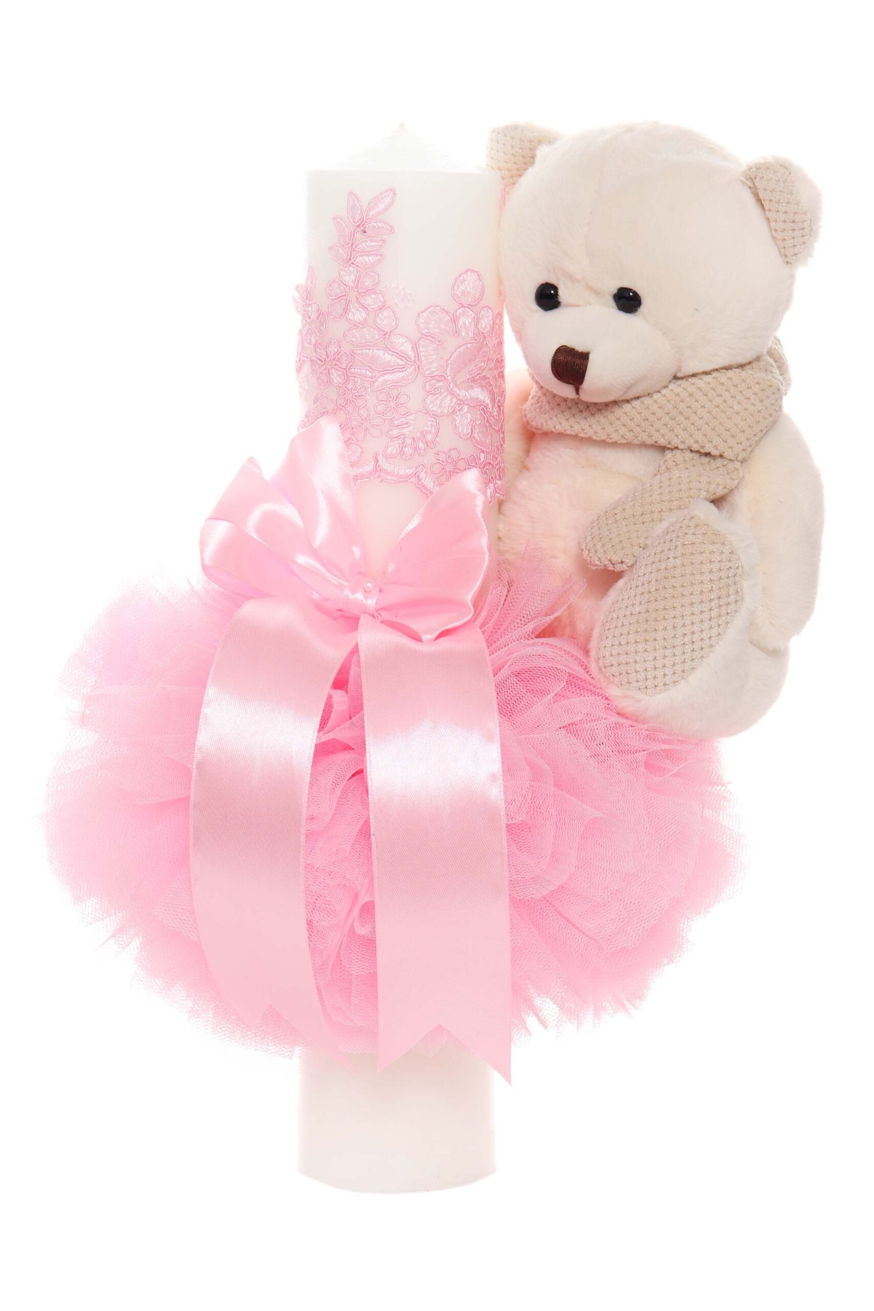 Lumanare botez cu tulle roz tip glob si cu ursulet de plus atasat, 35x7 cm, Recostore, REC1855 - imagine 5