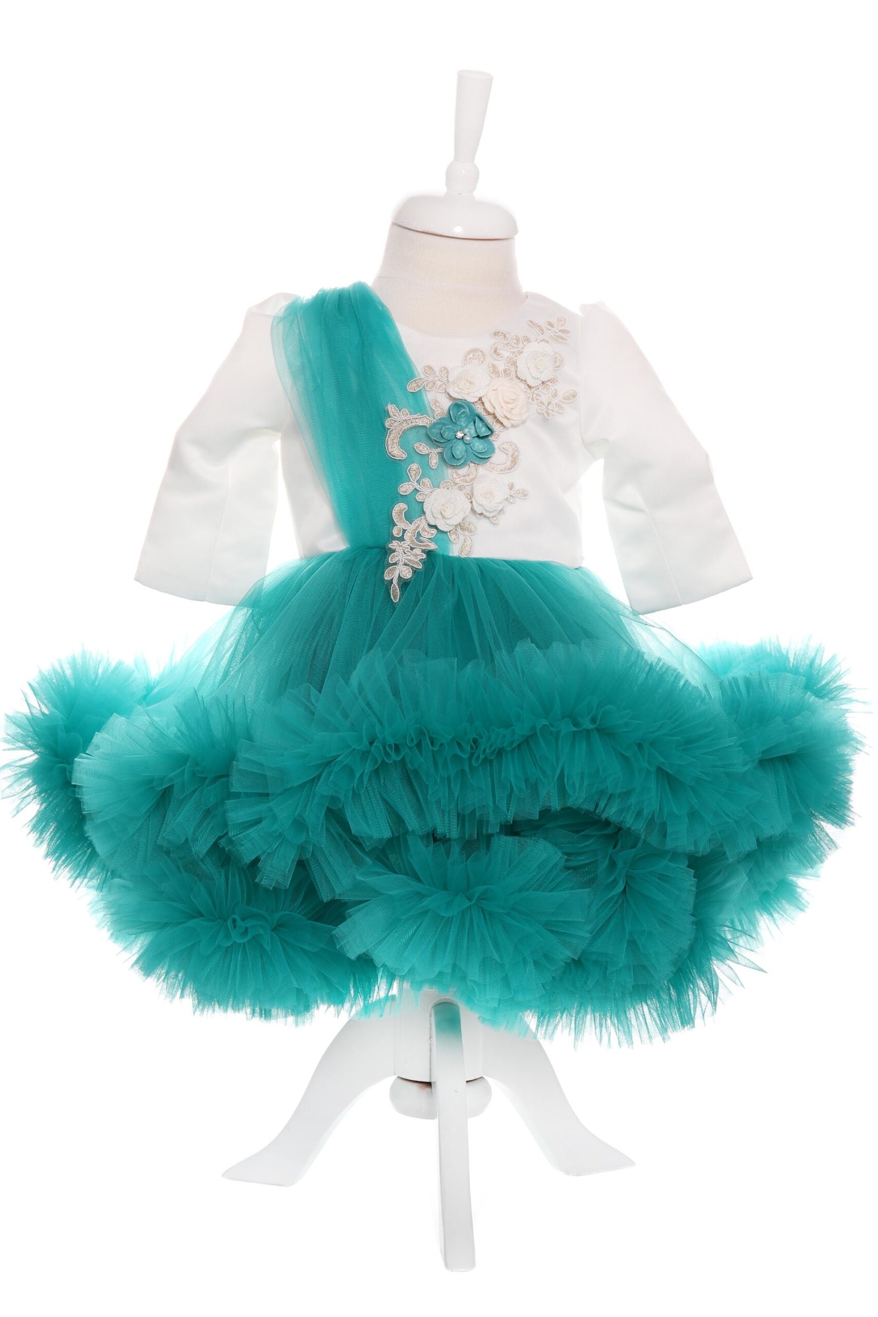 Rochie alb-verde menta cu volanase si broderie aplicata pentru botez, 2 piese, rochie si bentita, Recostore, REC1687 - imagine 6