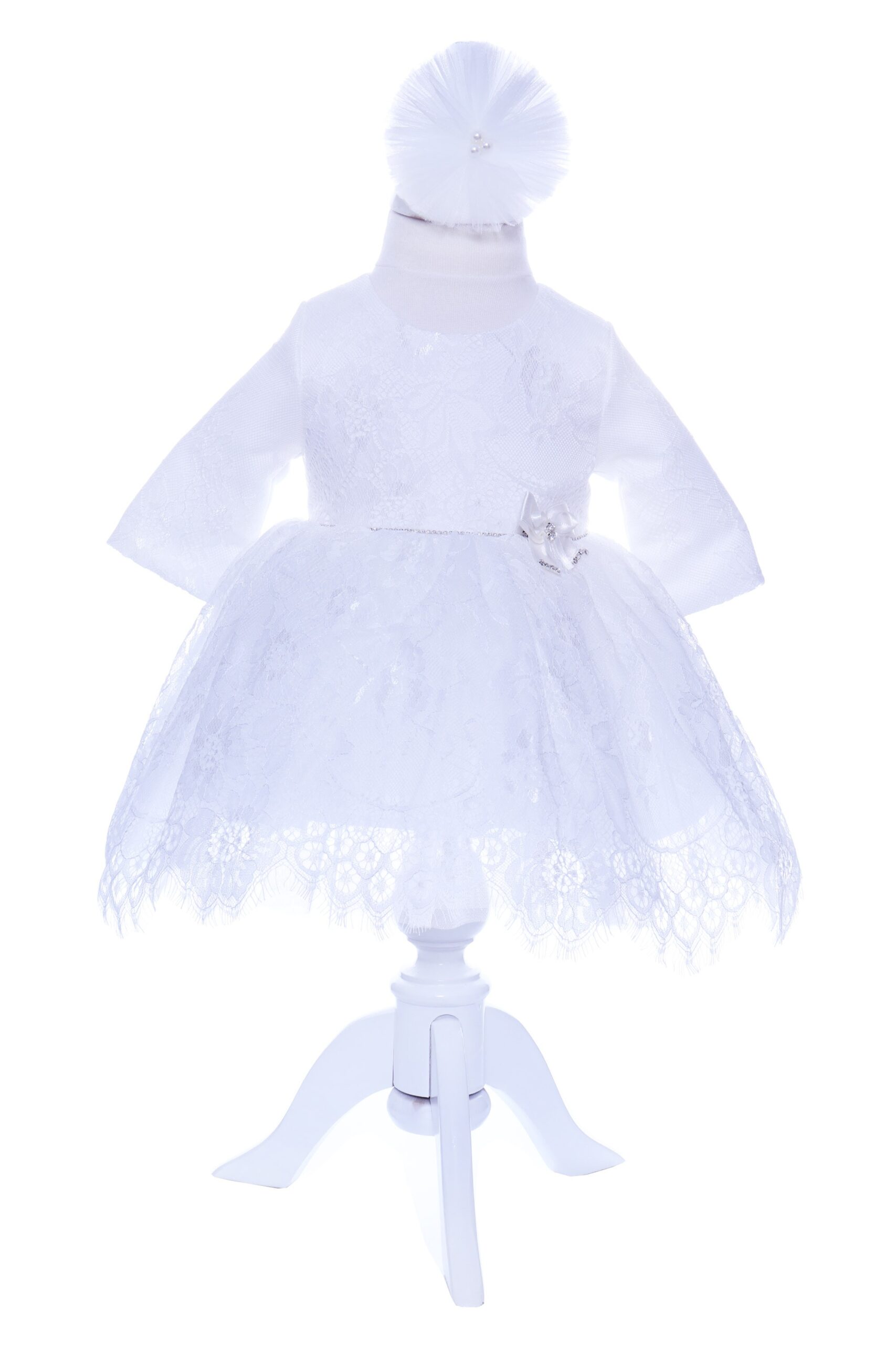 Rochie alba cu dantela pentru botez, 2 piese, rochie si bentita, Recostore, REC1702 - imagine 6