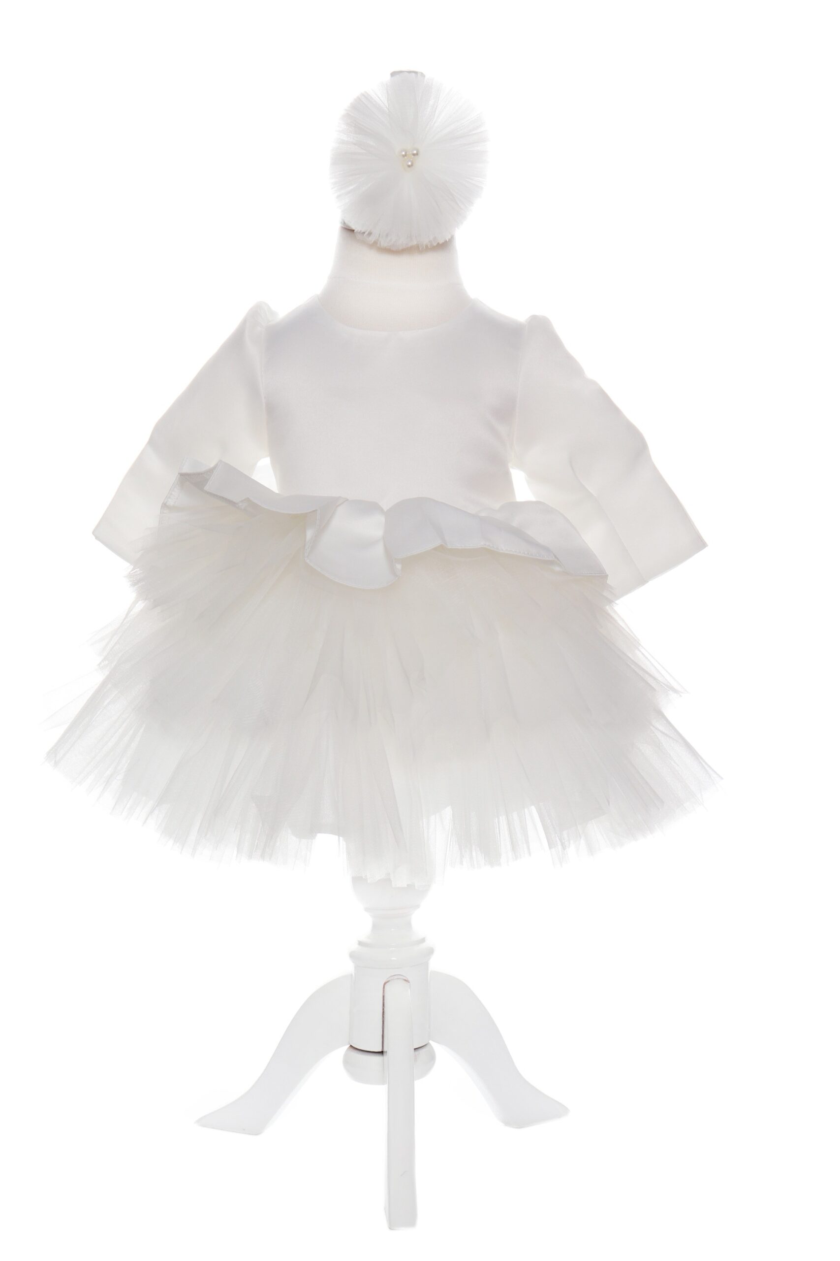 Rochie alba cu volanase pentru botez, 2 piese, rochie si bentita, Recostore, REC1707 - imagine 6