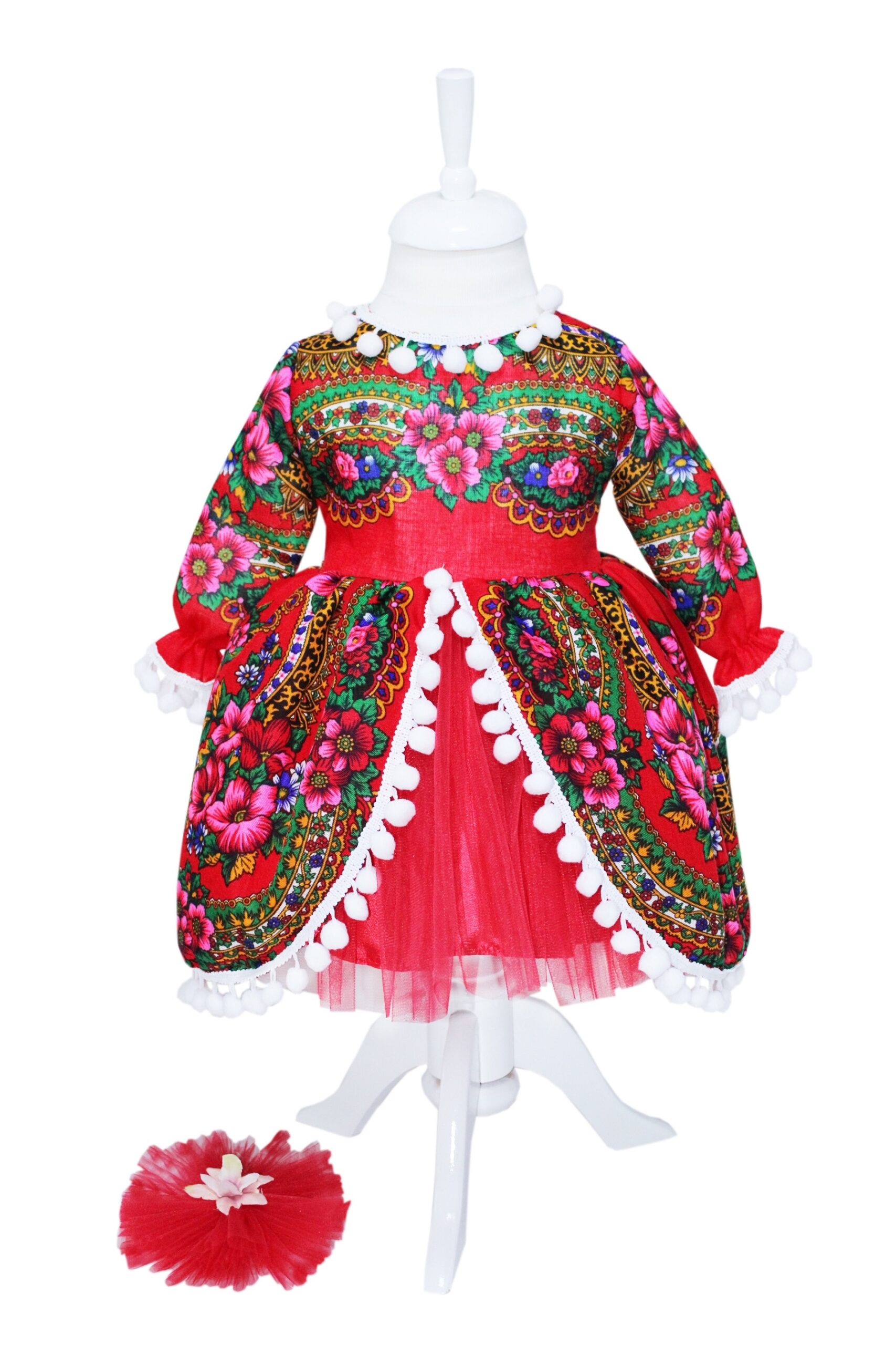 Rochie pentru botez, rosie cu imprimeu floral stil gipsy pentru fetite, 2 piese rochie si bentita, REC1185 - imagine 6