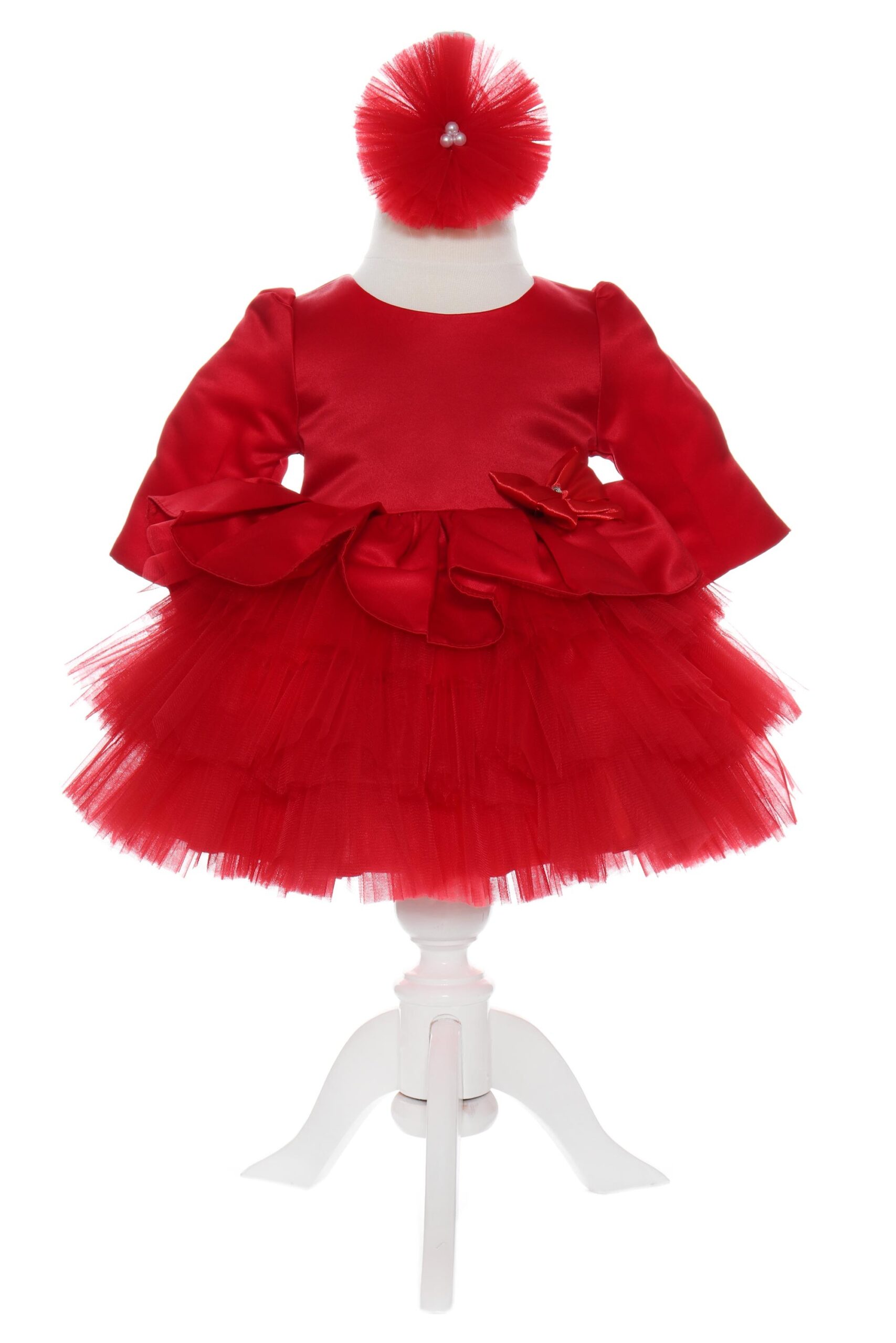 Rochie rosie cu volanase pentru botez, 2 piese, rochie si bentita, Recostore, REC1706 - imagine 7