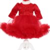Rochie rosie cu volanase si broderie aplicata pentru botez, 2 piese, rochie si bentita, Recostore, REC1704 - imagine 6