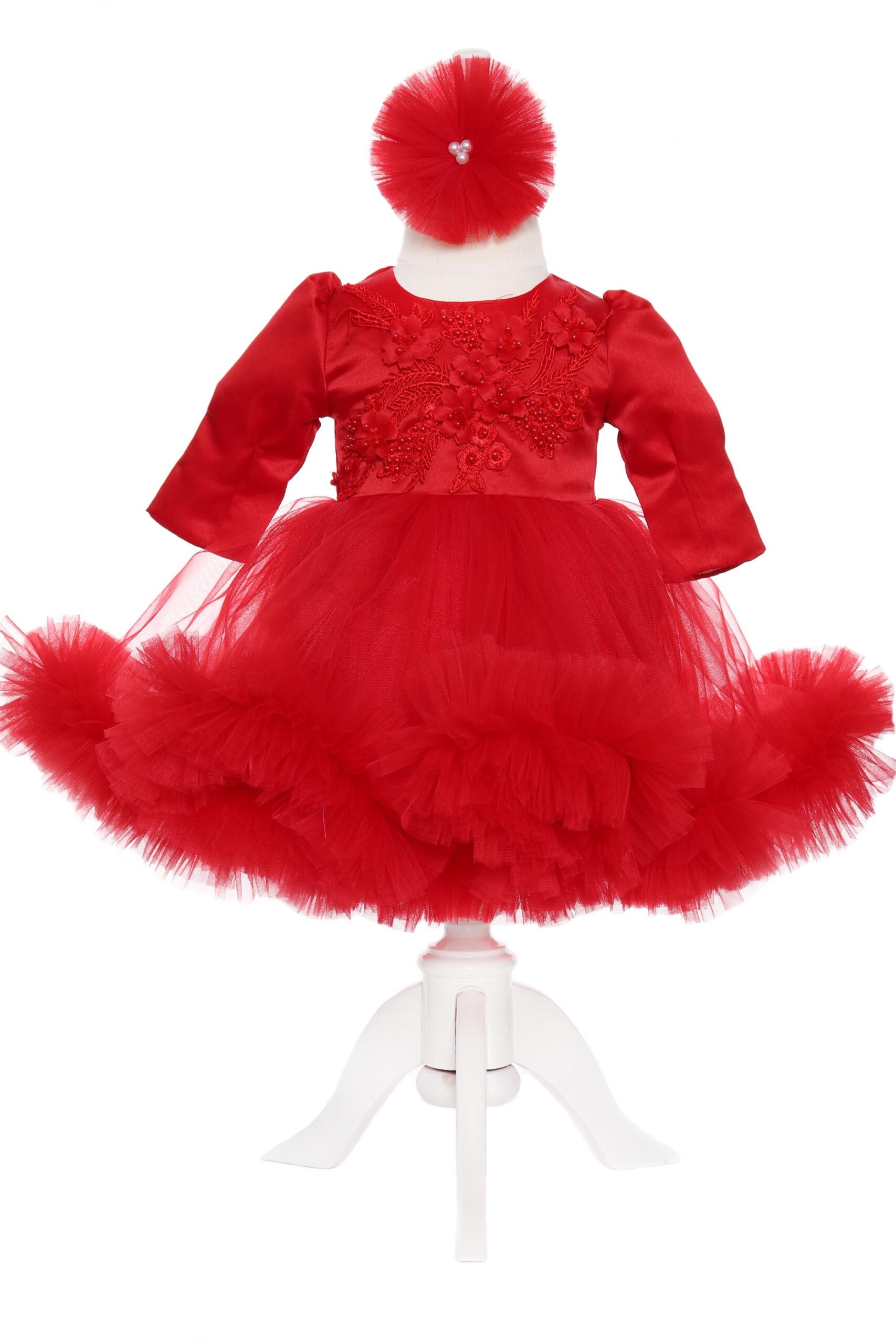 Rochie rosie cu volanase si broderie aplicata pentru botez, 2 piese, rochie si bentita, Recostore, REC1704 - imagine 6