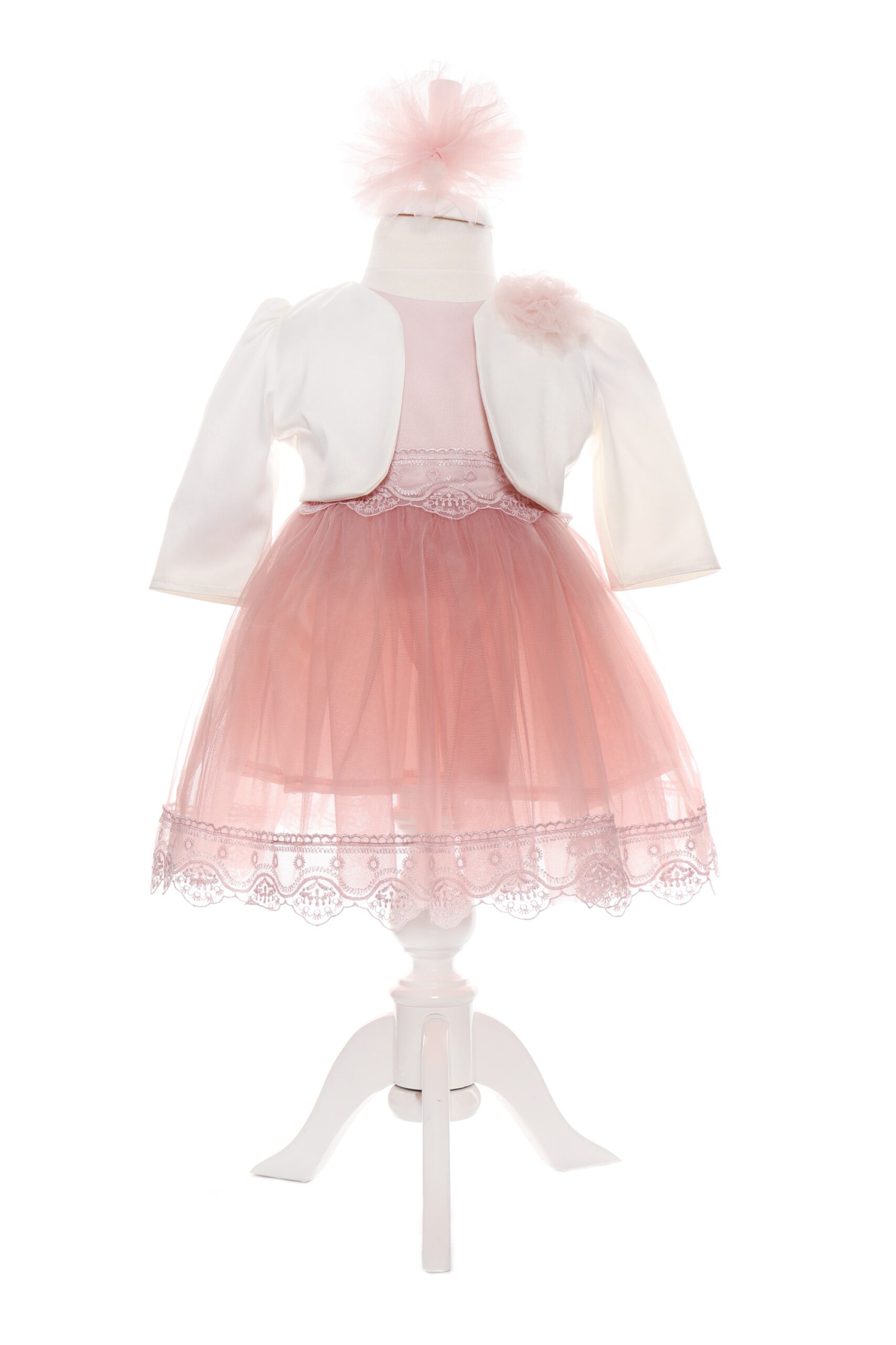 Rochie roz pudrat cu bolero si bentita pentru botez, satin, 3 piese, Recostore, REC1897 - imagine 7